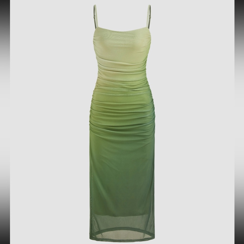 MESH SQUARE NECK GRADIENT RUCHED MAXI DRESS IN GREEN